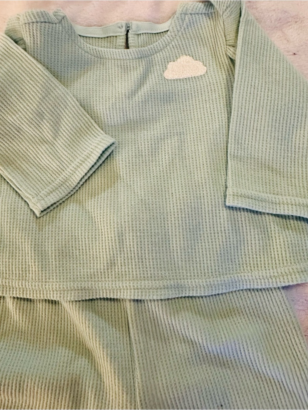 cloud island Light Sage Waffle-Knit Long Sleeve Top with Cloud Applique